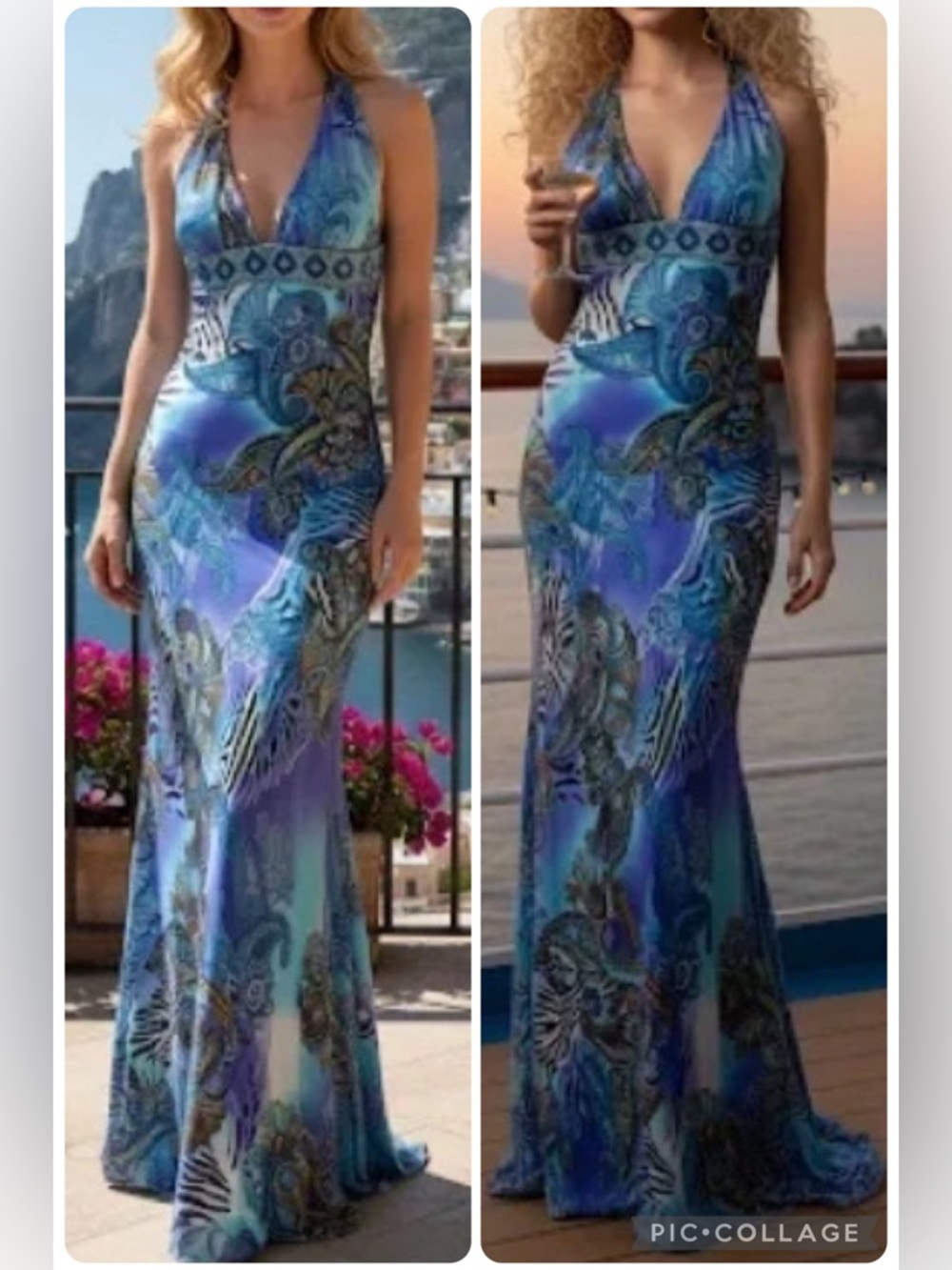 Stunning Y2K Cache Silk Abstract Paisley Halter Evening Gown/ Dress w/ Beadwork